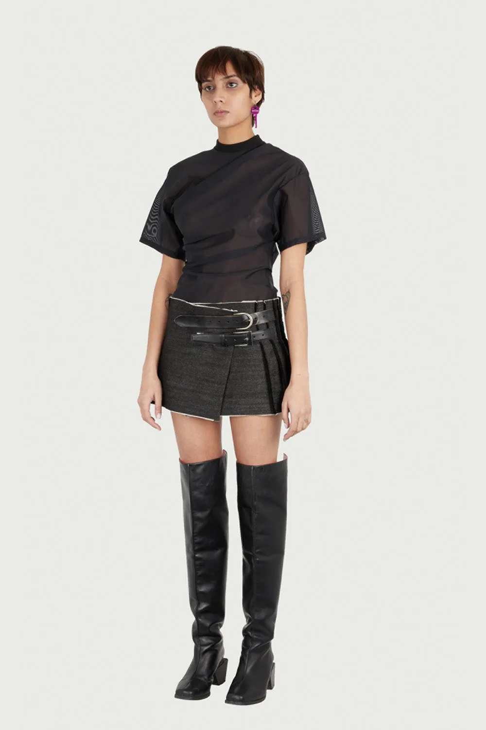 JEANNE FRIOT Denim Mini Kilt jupe gris coton