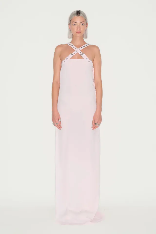 JEANNE FRIOT Long Cross robe longue rose fendue