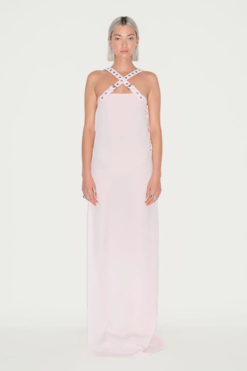 JEANNE FRIOT Long Cross robe longue rose fendue