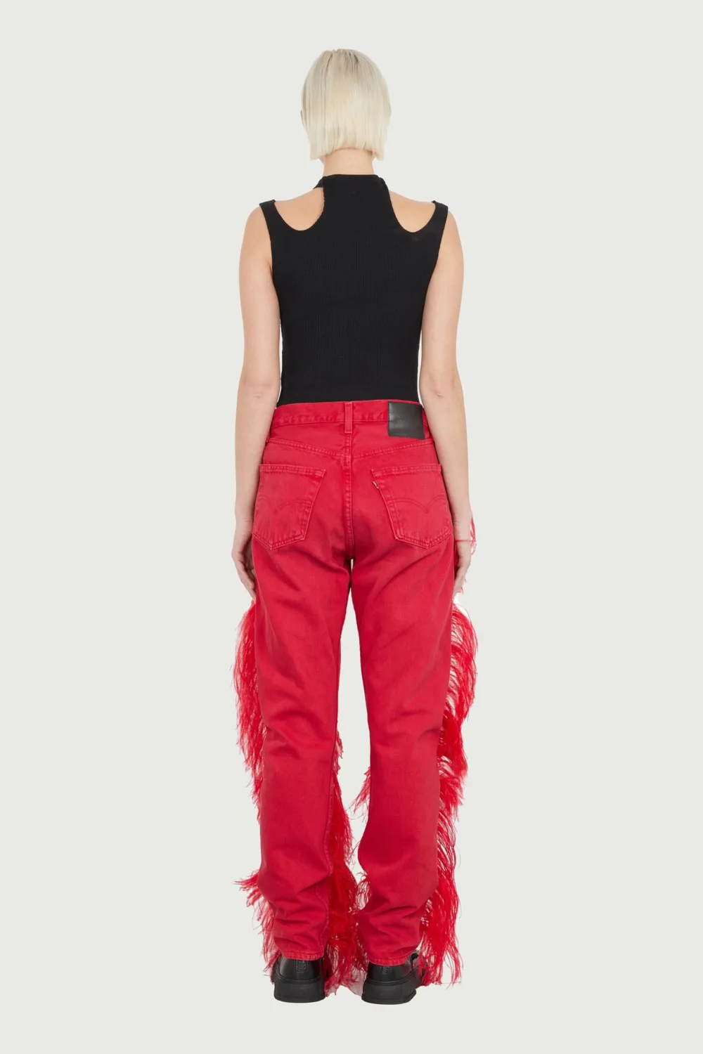 JEANNE FRIOT Peacock Pants jean brodé plumes