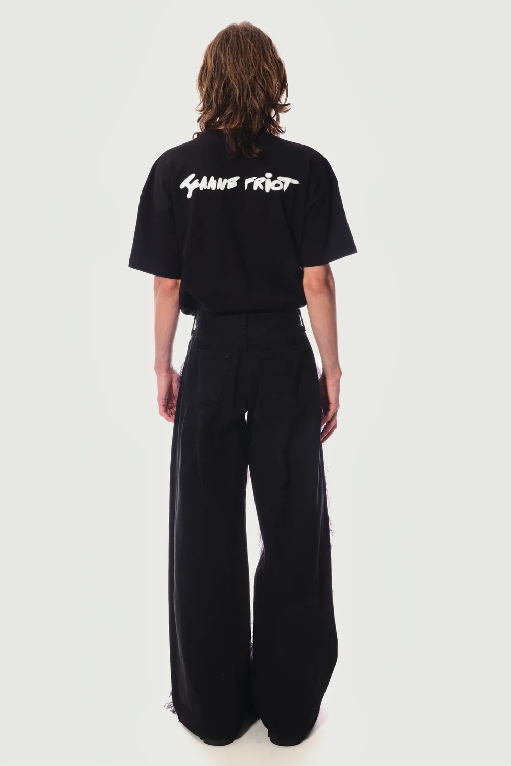 JEANNE FRIOT Awake Peacock Pants jean large noir plumes violet