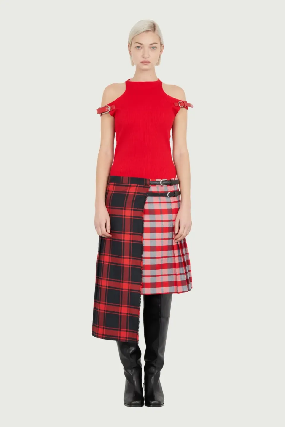 Jeanne Friot Double Kilt jupe tartan rouge noir ceintures