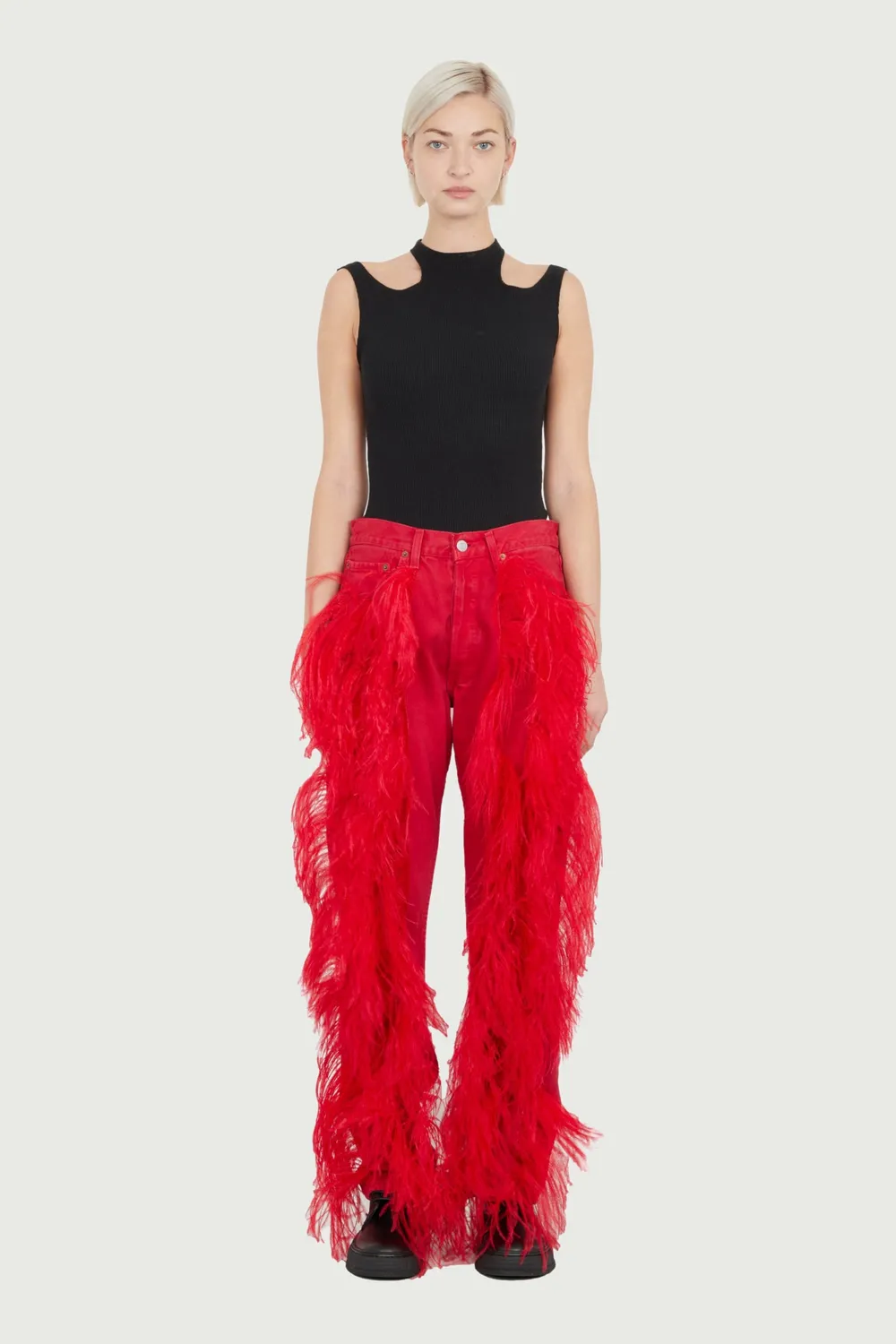 JEANNE FRIOT Peacock Pants jean brodé plumes