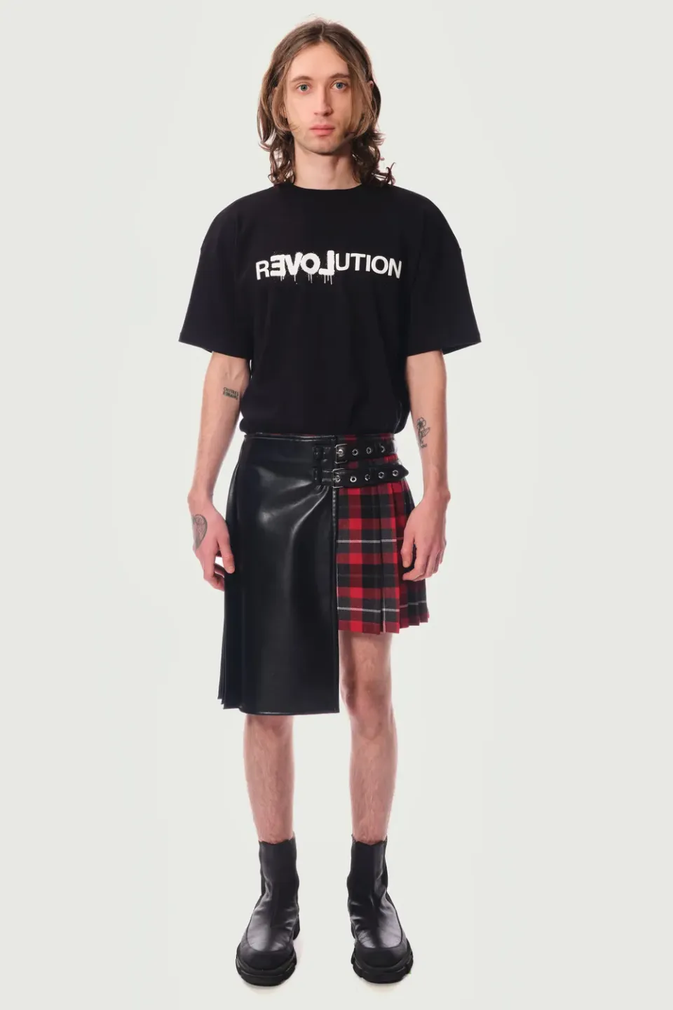 Jeanne Friot Awake Double Jupe kilt tartan rouge cuir
