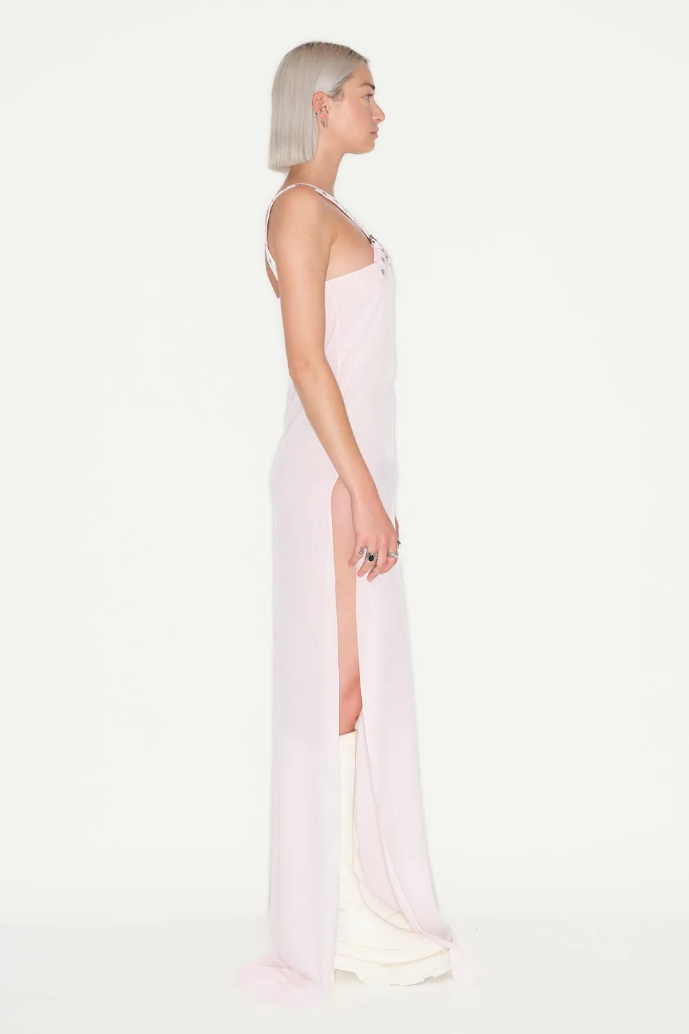 JEANNE FRIOT Long Cross robe longue rose fendue