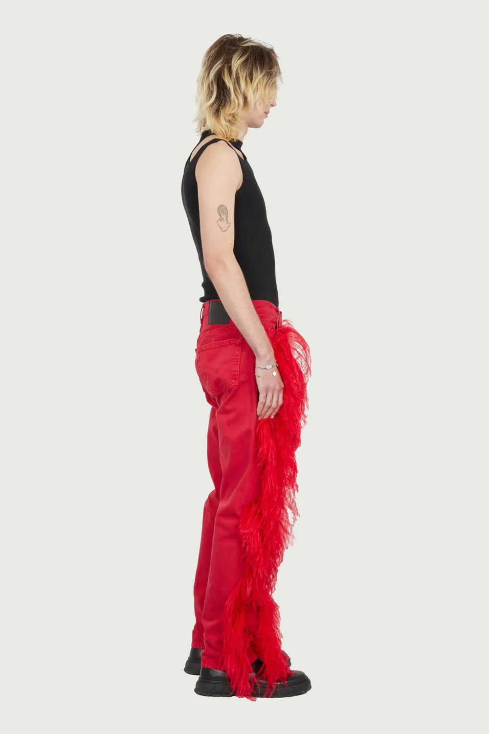 JEANNE FRIOT Peacock Pants jean brodé plumes
