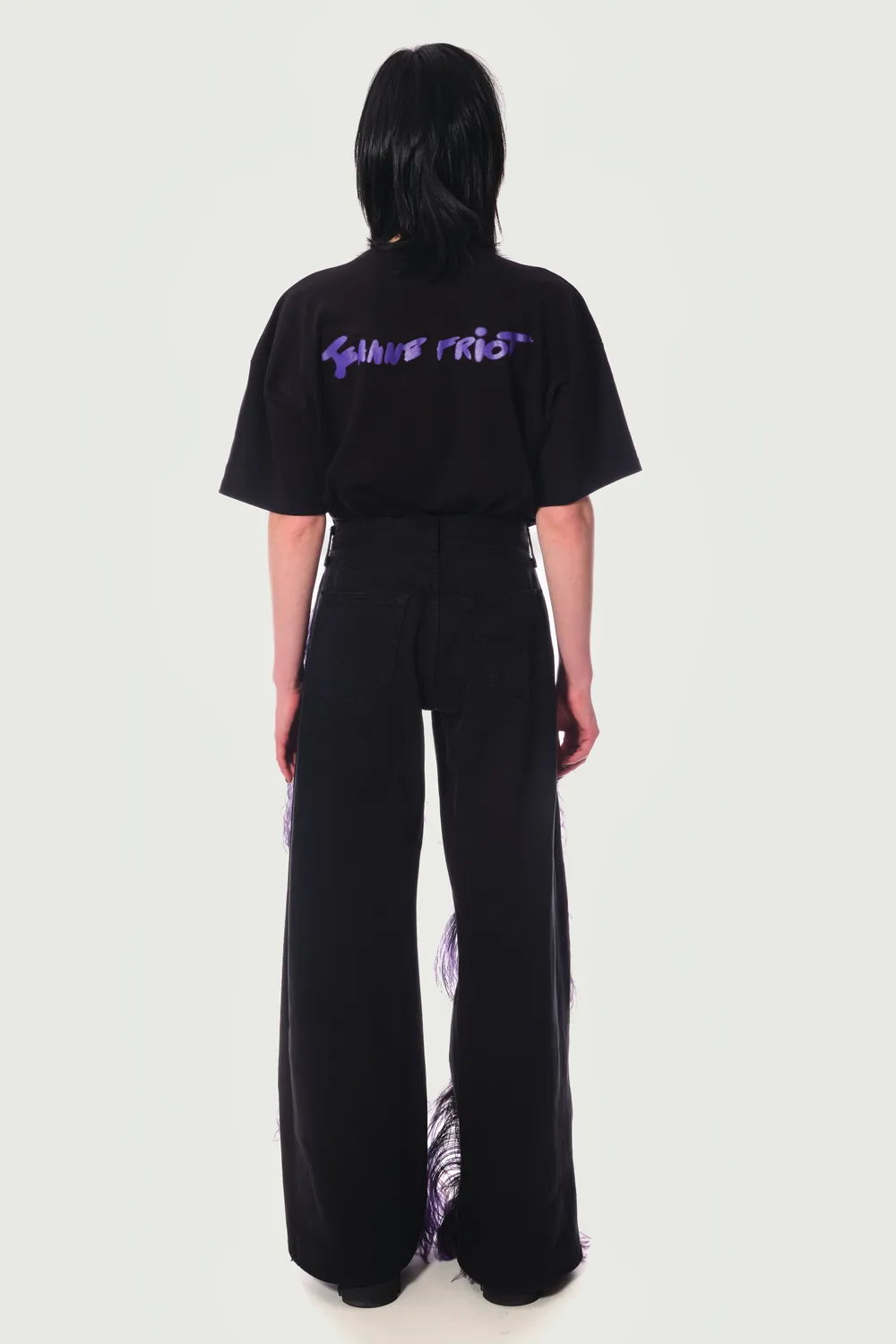 JEANNE FRIOT Awake Peacock Pants jean large noir plumes violet