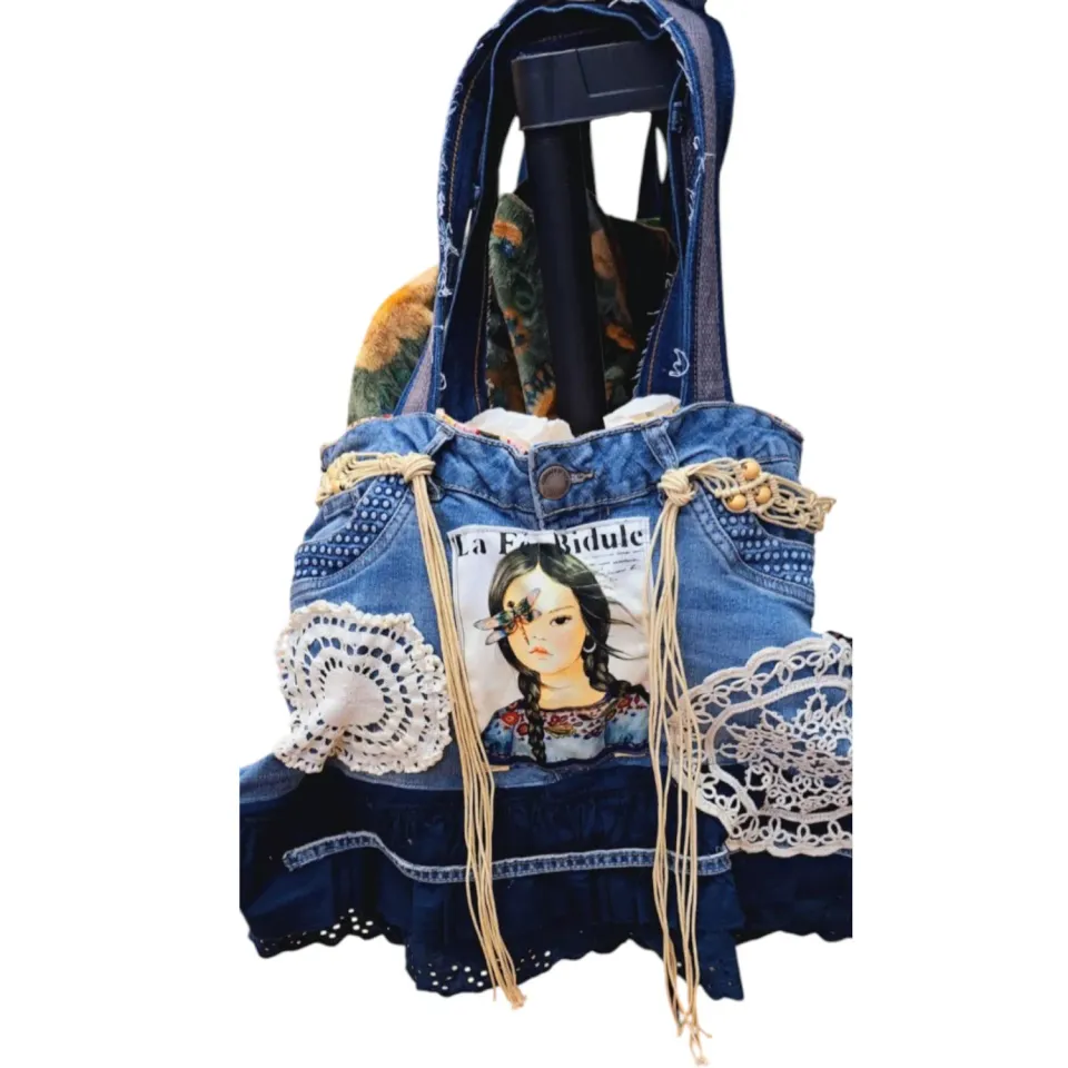 La Fée Bidule Libellule sac en jean macramé