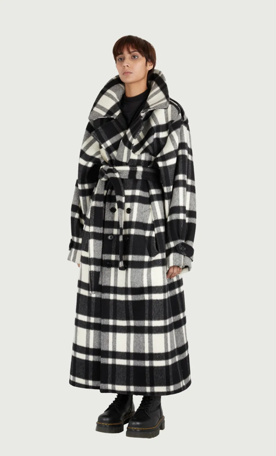 Jeanne Friot Lou trench tartan noir blanc laine M