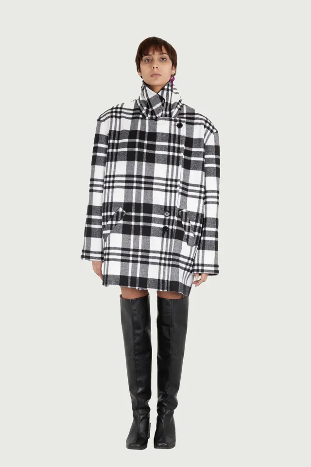 Jeanne Friot Lou Caban tartan noir blanc laine