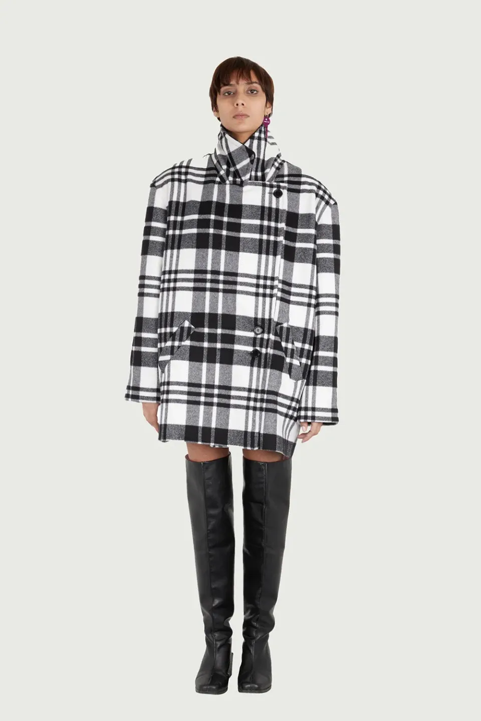 Jeanne Friot Lou Caban tartan noir blanc laine