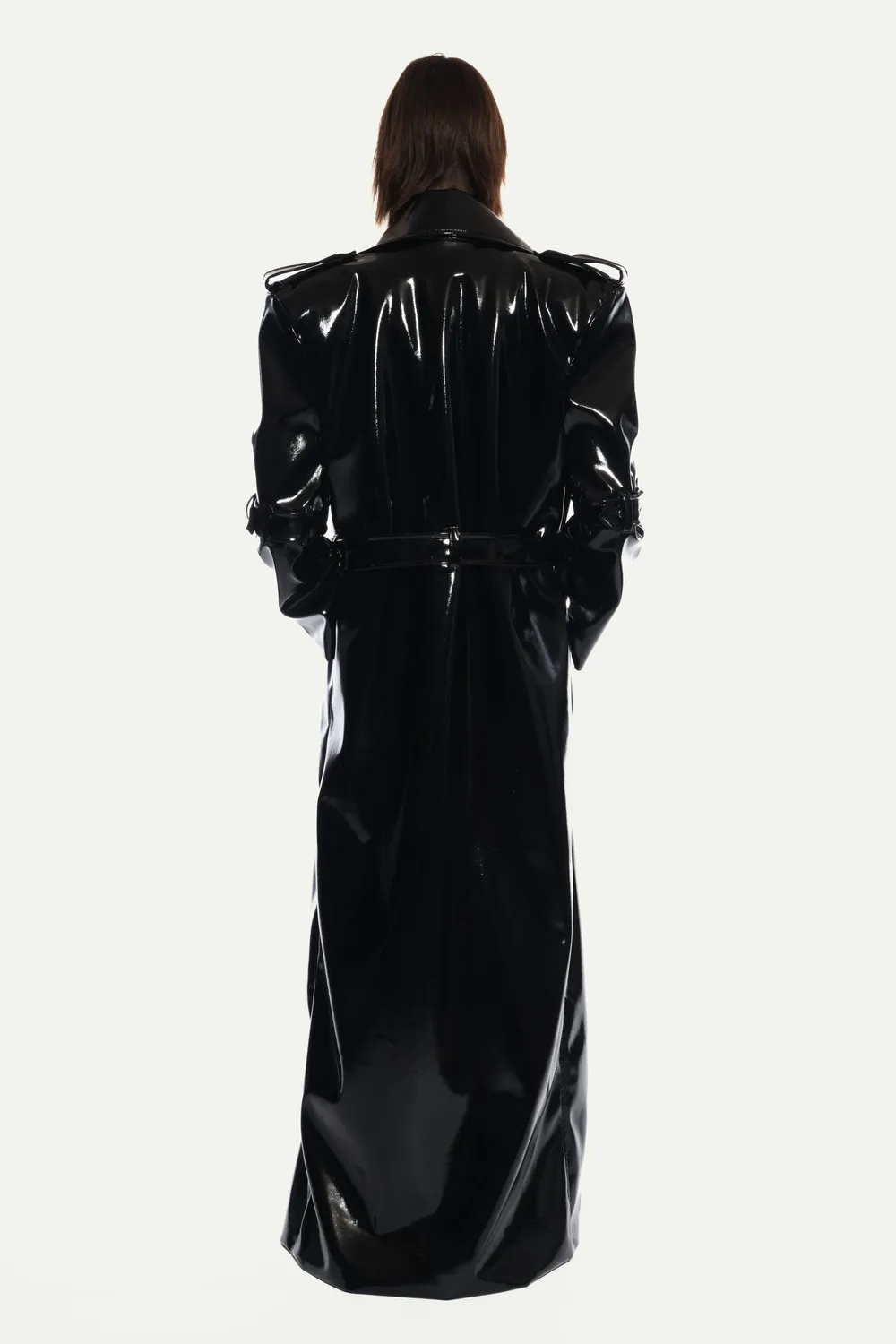 Jeanne Friot Debbie Long Coat manteau vinyl noir ceinture