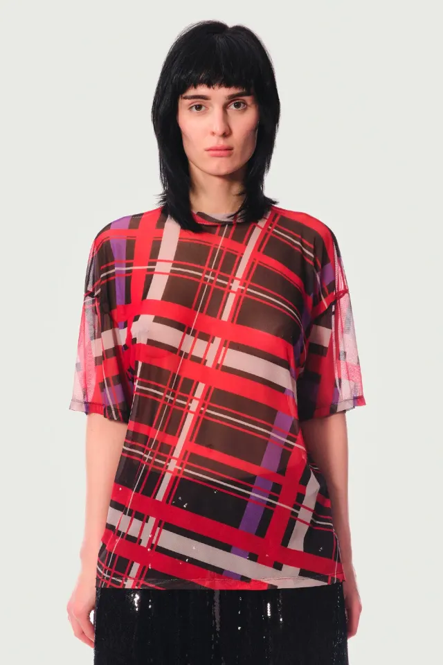 Jeanne Friot Awake Tartan Top maille transparente rouge