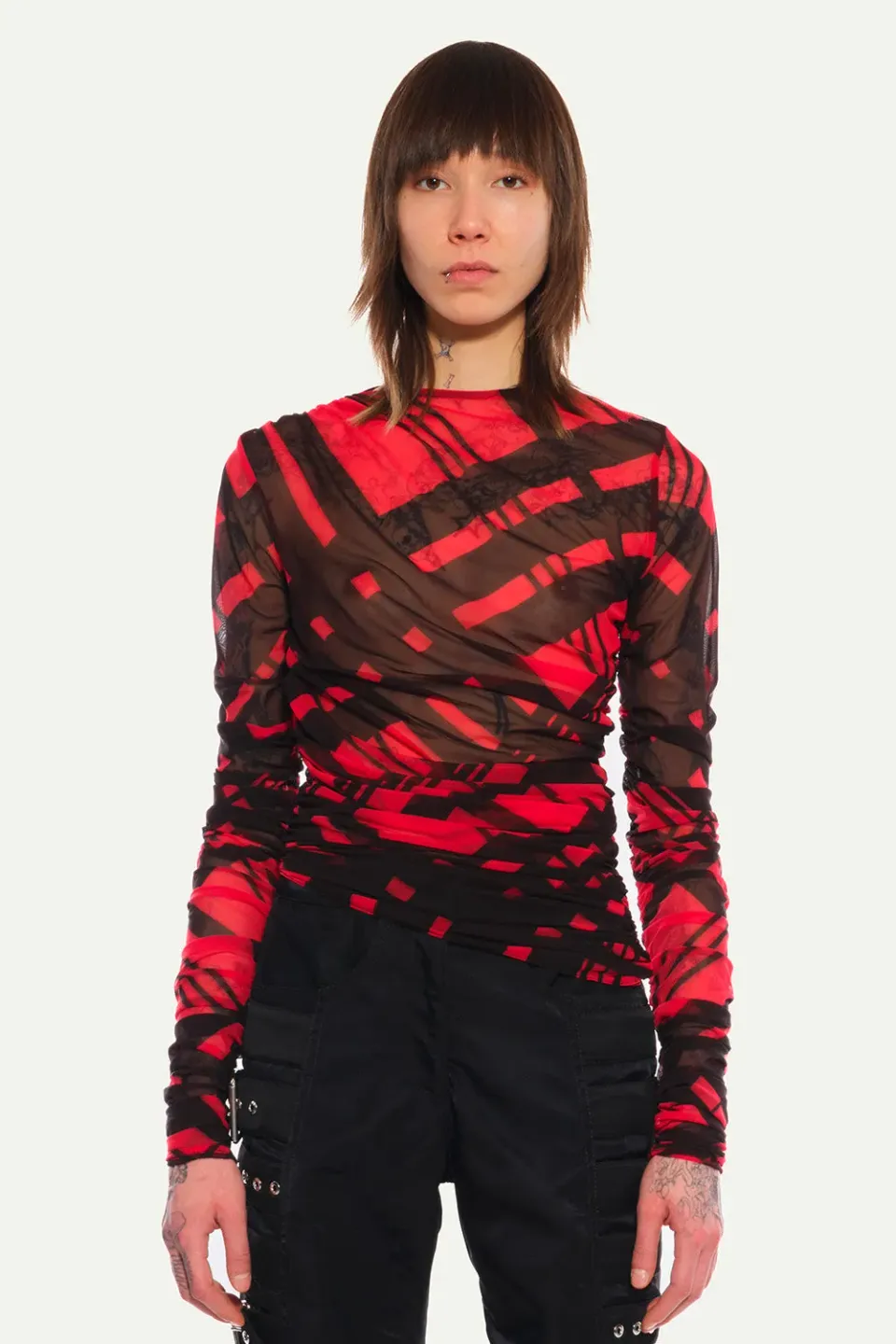 Jeanne Friot Tartan haut mesh transparent rouge noir
