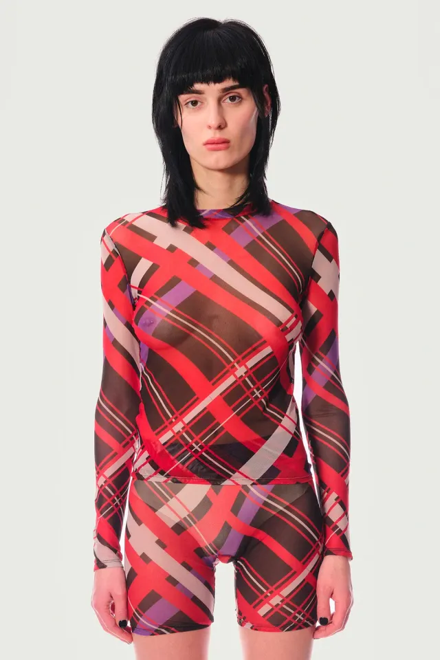JEANNE FRIOT Tartan Longsleeve Top haut mesh noir gris violet