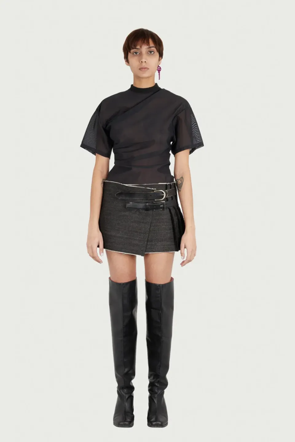 JEANNE FRIOT Denim Mini Kilt jupe gris coton