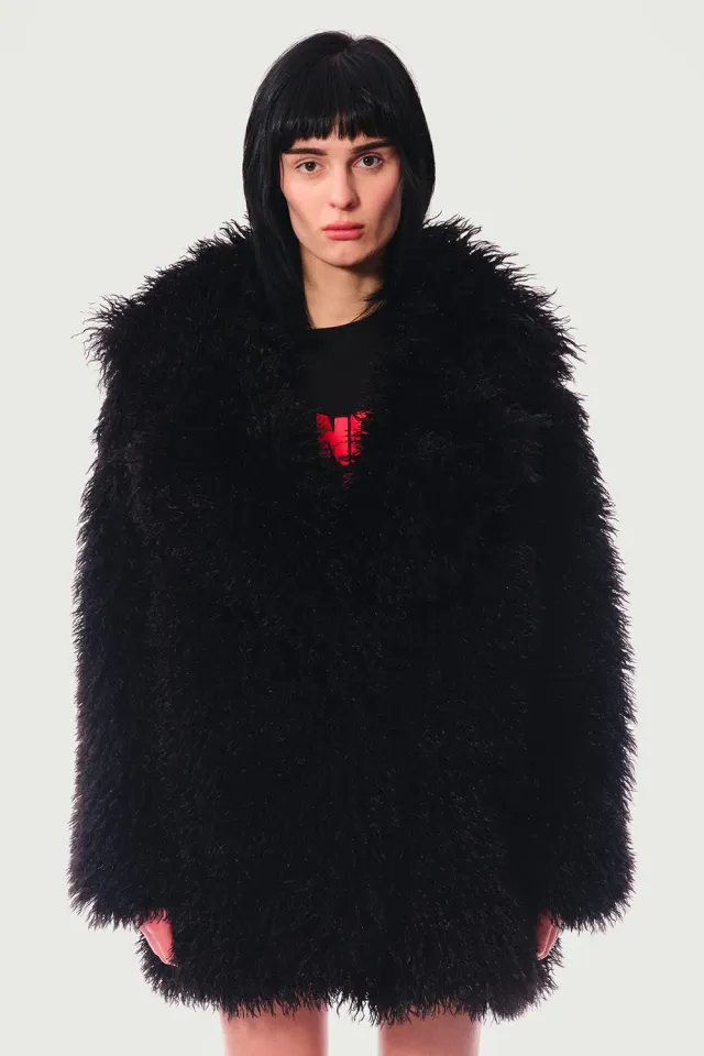 JEANNE FRIOT Debbie Coat manteau noir fausse fourrure