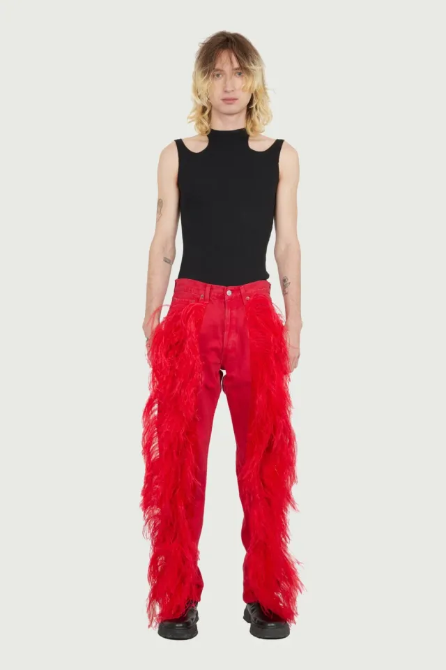 JEANNE FRIOT Peacock Pants jean brodé plumes
