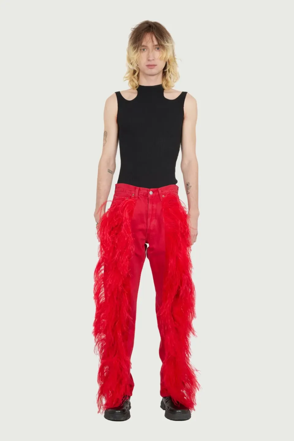 JEANNE FRIOT Peacock Pants jean brodé plumes