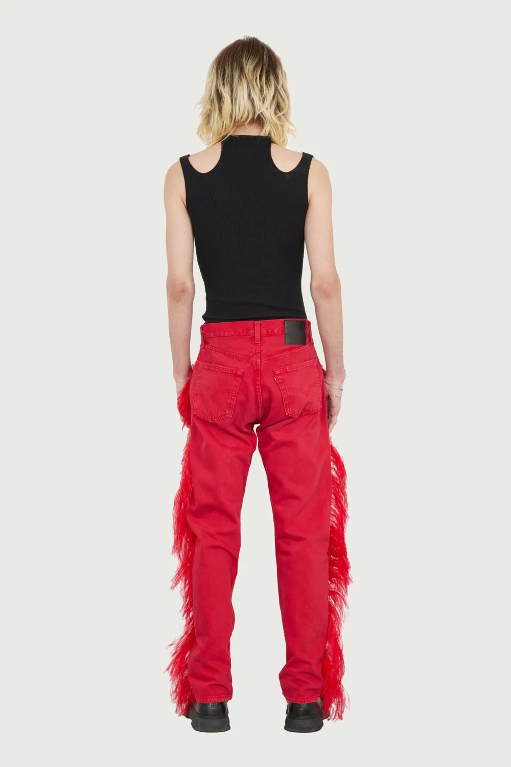 JEANNE FRIOT Peacock Pants jean brodé plumes