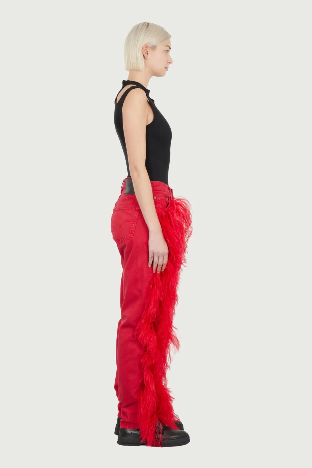 JEANNE FRIOT Peacock Pants jean brodé plumes