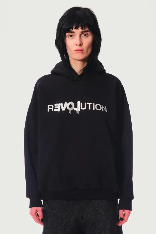 Jeanne Friot Revolution hoodie noir oversize argent molleton