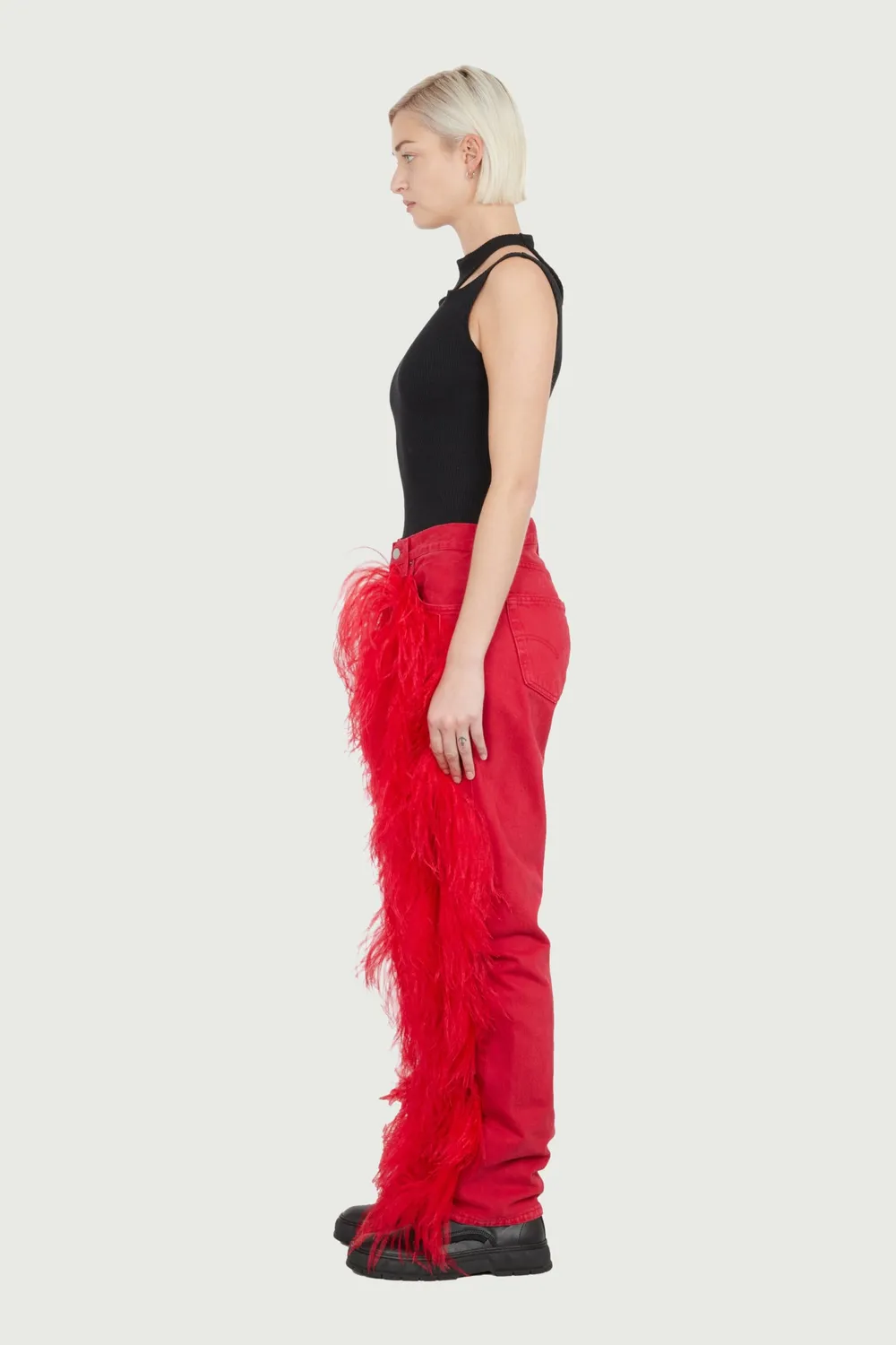 JEANNE FRIOT Peacock Pants jean brodé plumes