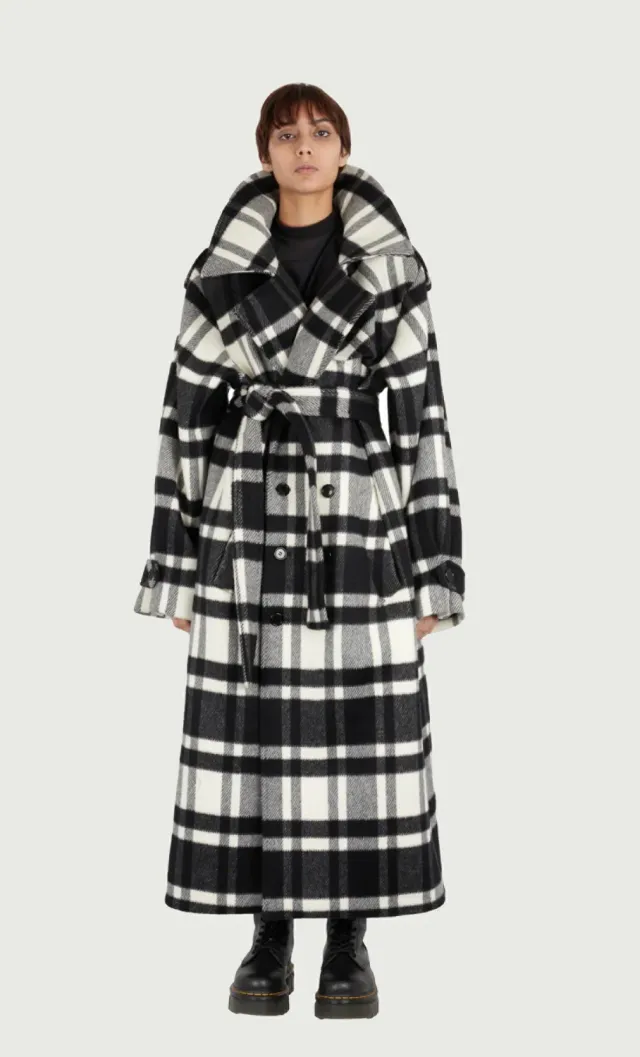 Jeanne Friot Lou trench tartan noir blanc laine M