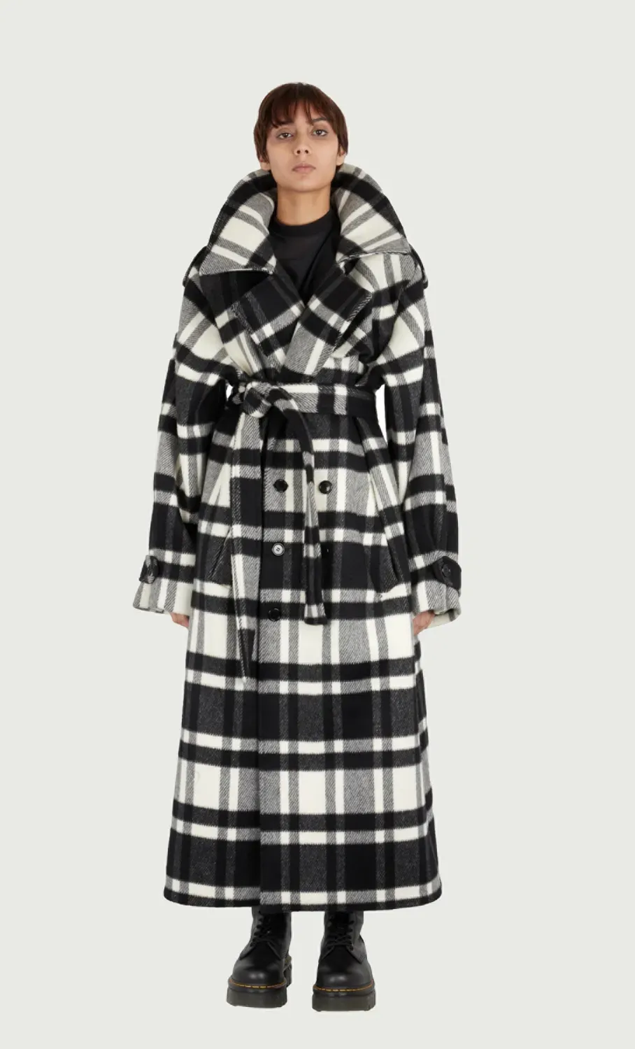 Jeanne Friot Lou trench tartan noir blanc laine M