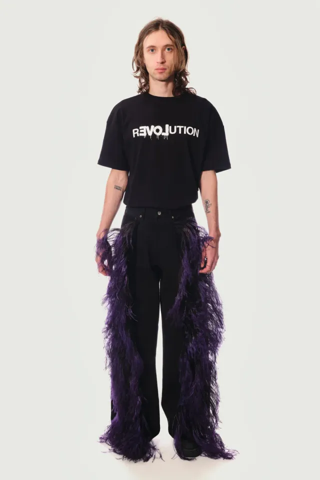 JEANNE FRIOT Awake Peacock Pants jean large noir plumes violet