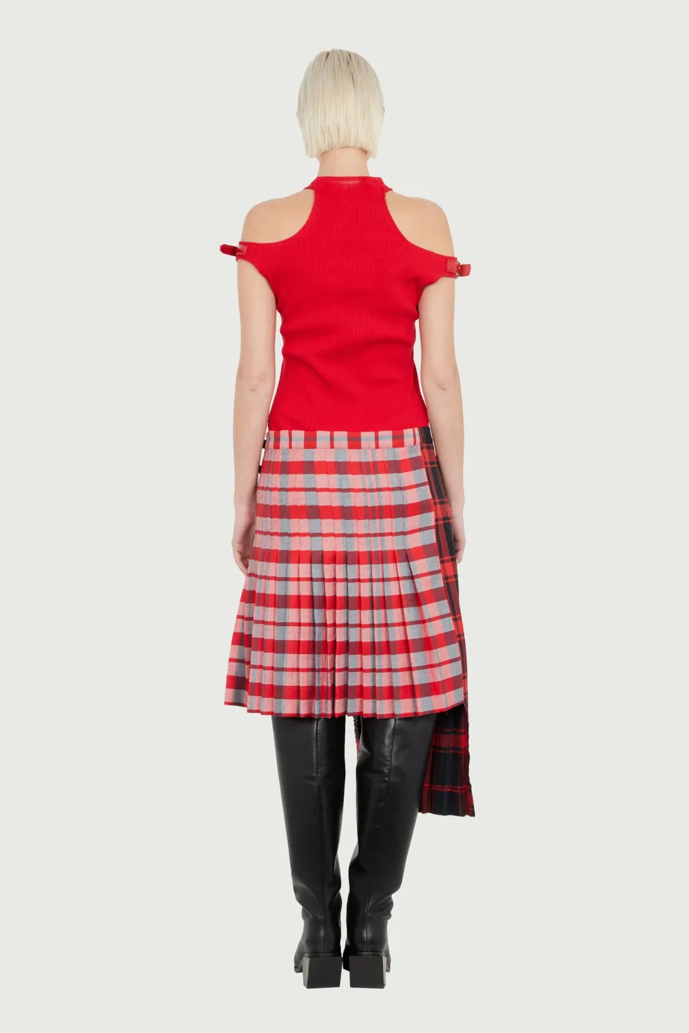 Jeanne Friot Double Kilt jupe tartan rouge noir ceintures