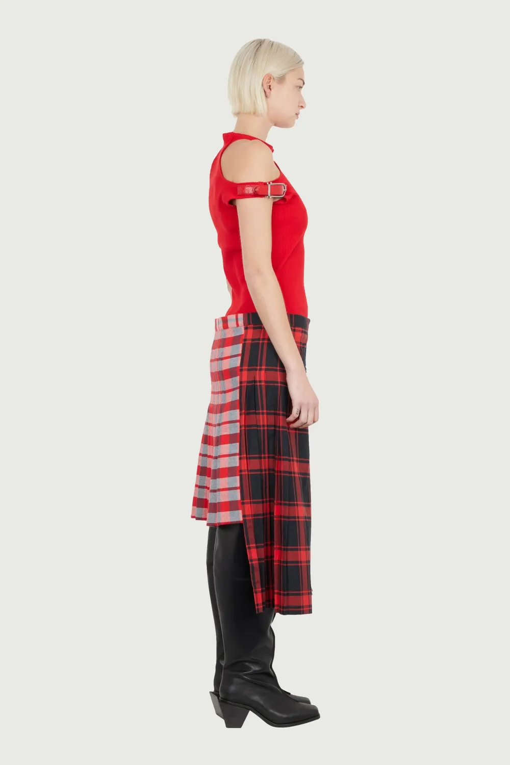 Jeanne Friot Double Kilt jupe tartan rouge noir ceintures