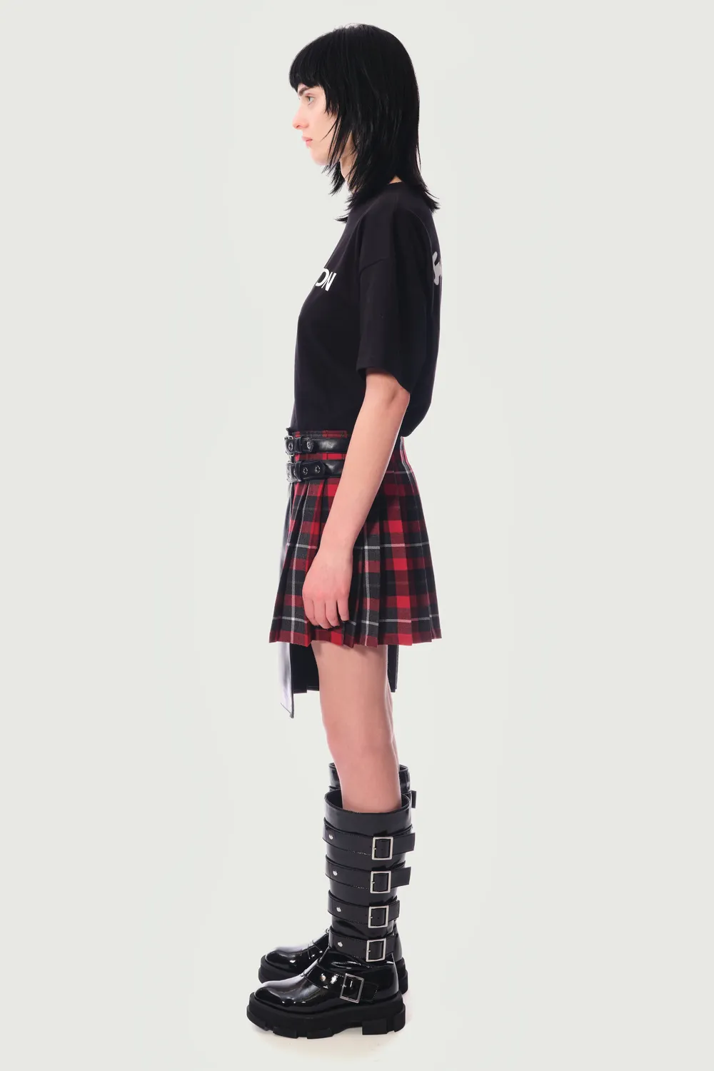 Jeanne Friot Awake Double Jupe kilt tartan rouge cuir