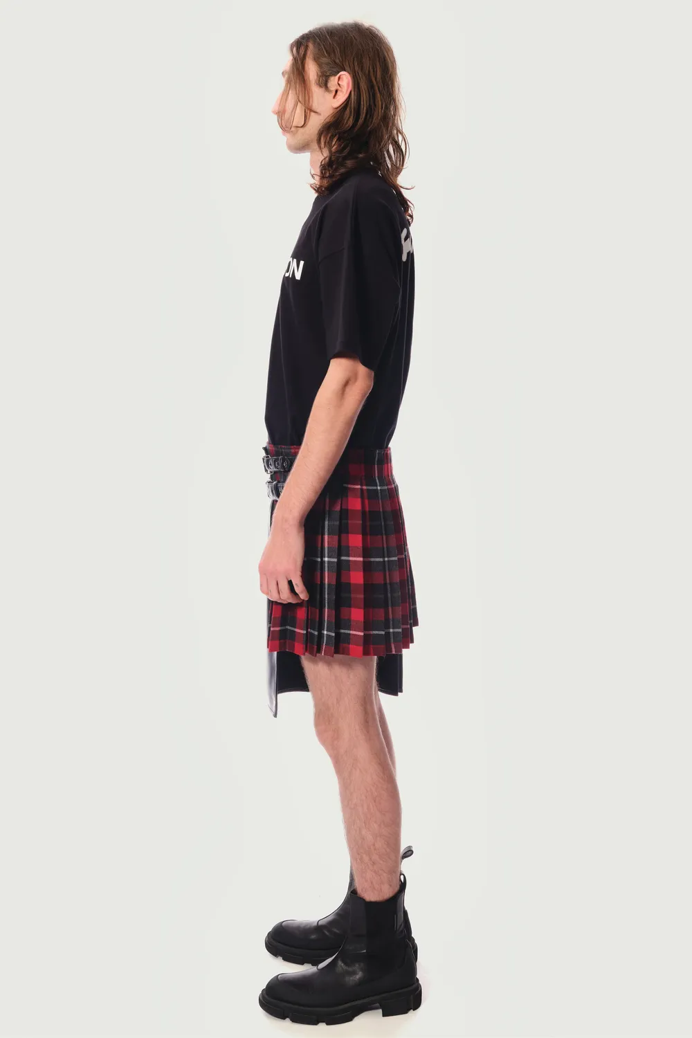 Jeanne Friot Awake Double Jupe kilt tartan rouge cuir
