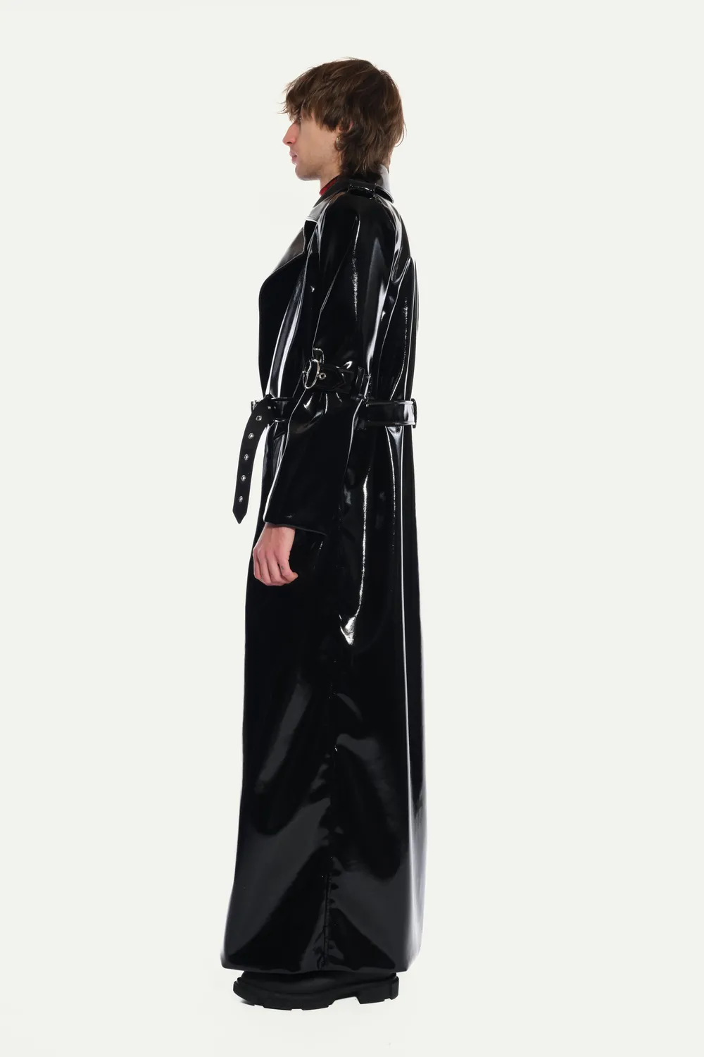 Jeanne Friot Debbie Long Coat manteau vinyl noir ceinture