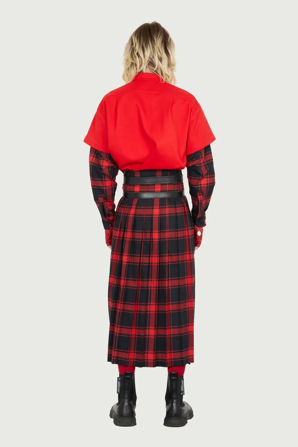 JEANNE FRIOT Long Kilt jupe plissée tartan noir rouge ceintures