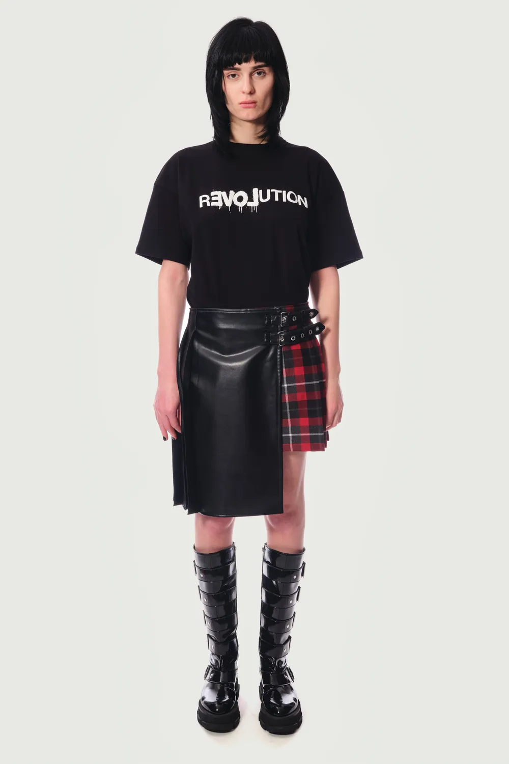 Jeanne Friot Awake Double Jupe kilt tartan rouge cuir