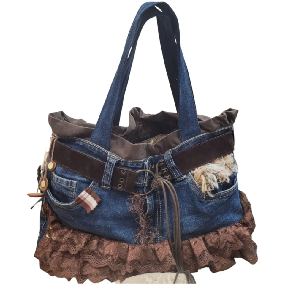 La Fée Bidule Dentelles sac cabas jean cuir