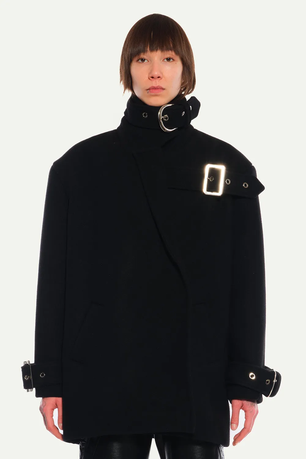 Jeanne Friot Lou Caban manteau tartan noir oversize ceinture