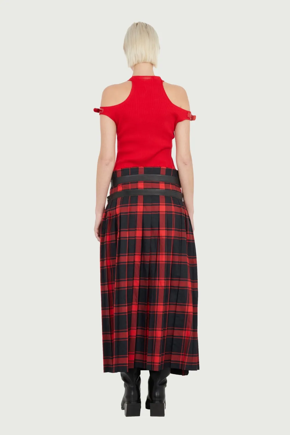 JEANNE FRIOT Long Kilt jupe plissée tartan noir rouge ceintures