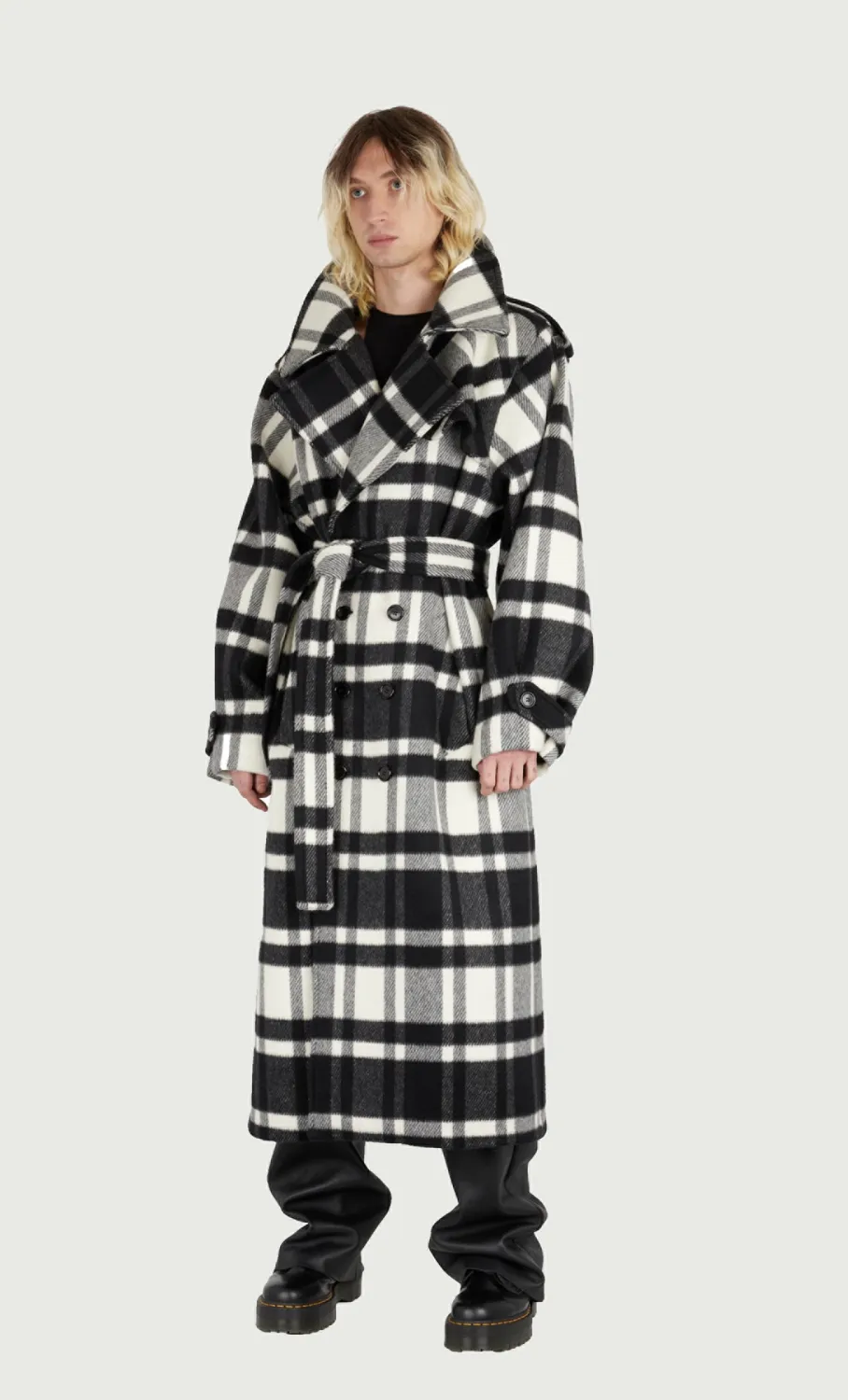 Jeanne Friot Lou trench tartan noir blanc laine M