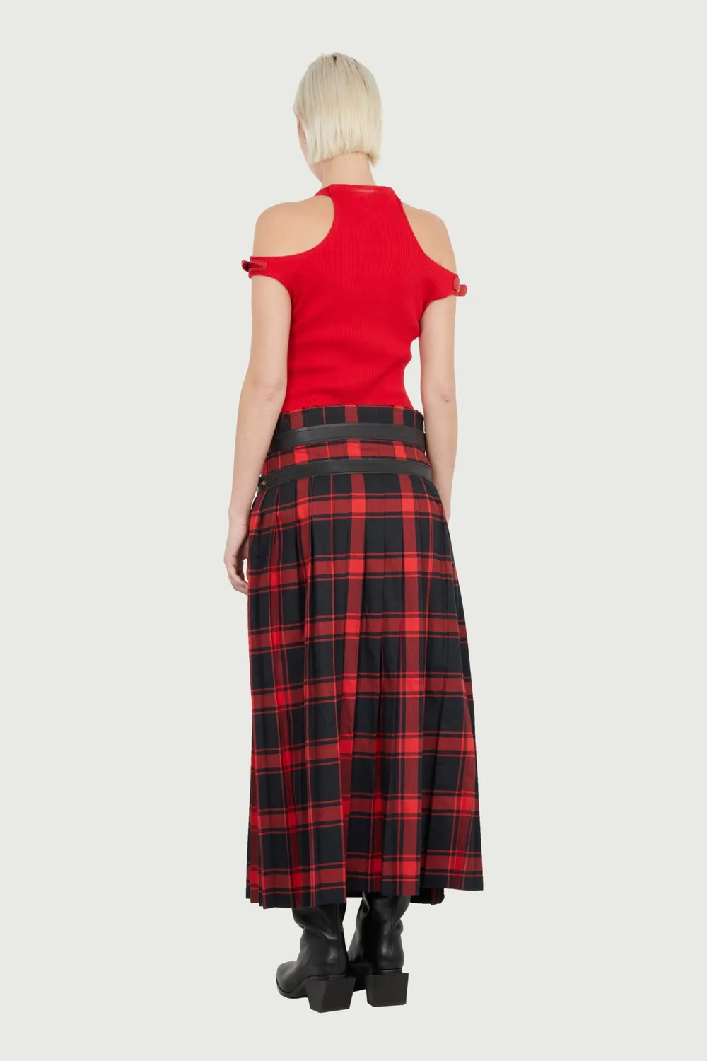 JEANNE FRIOT Long Kilt jupe plissée tartan noir rouge ceintures