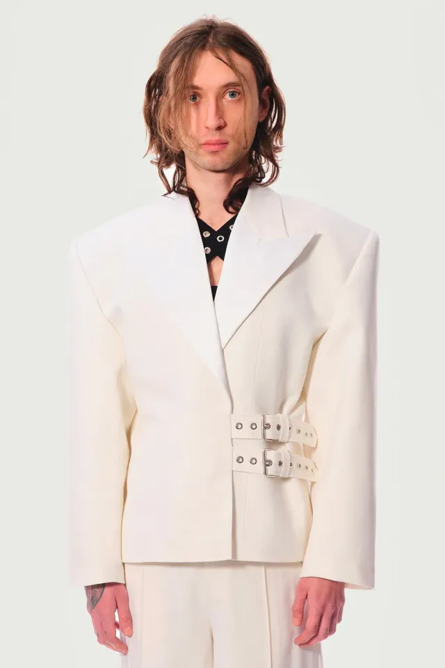 Jeanne Friot Eddie Veste tailleur crème satin mohair