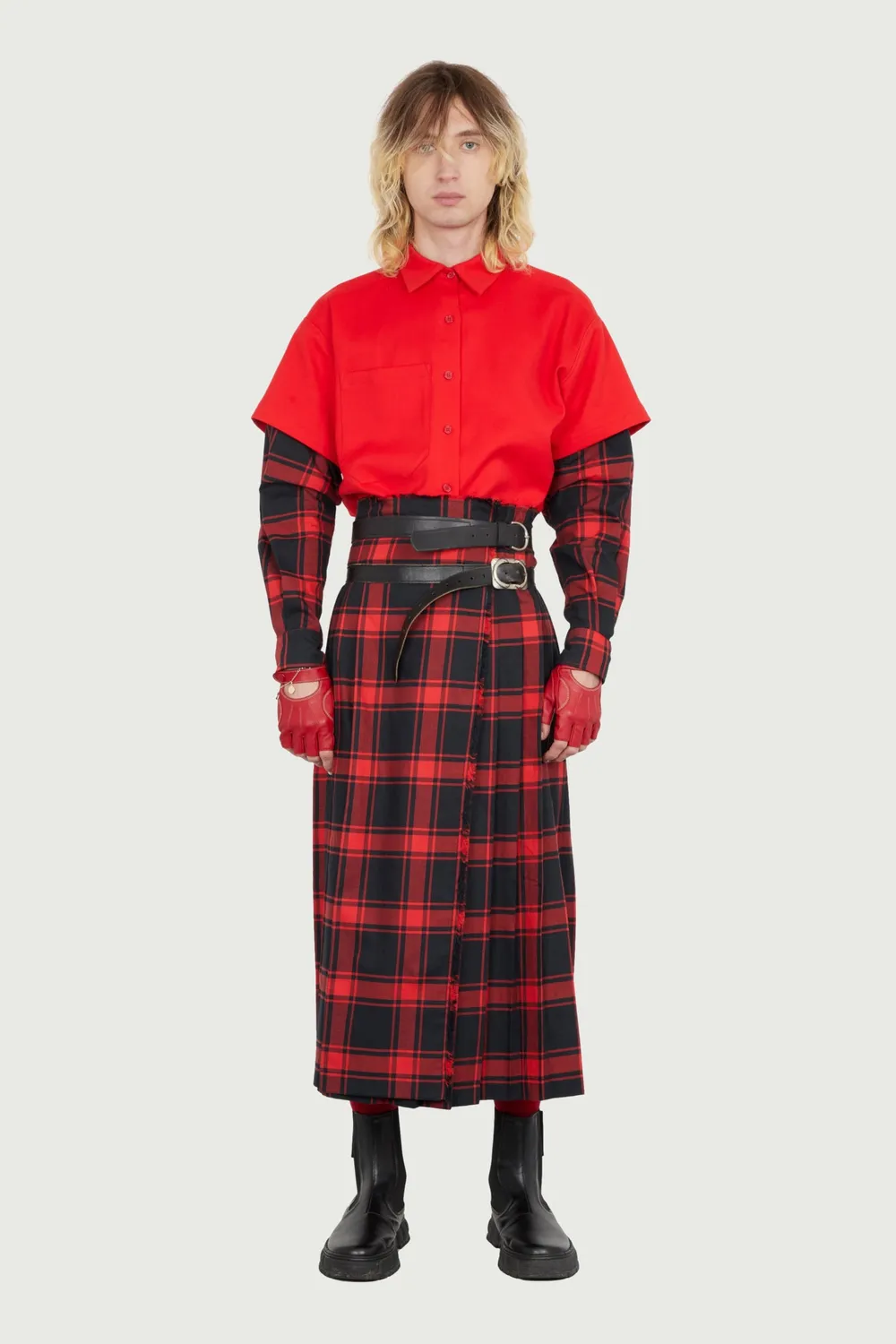 JEANNE FRIOT Long Kilt jupe plissée tartan noir rouge ceintures
