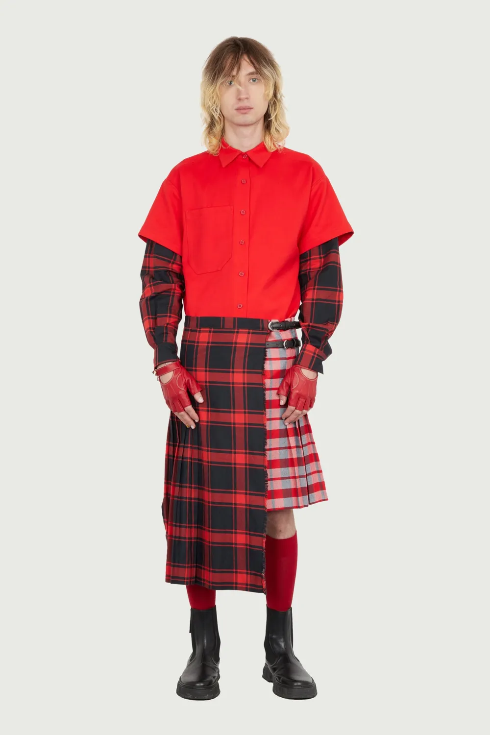 Jeanne Friot Double Kilt jupe tartan rouge noir ceintures