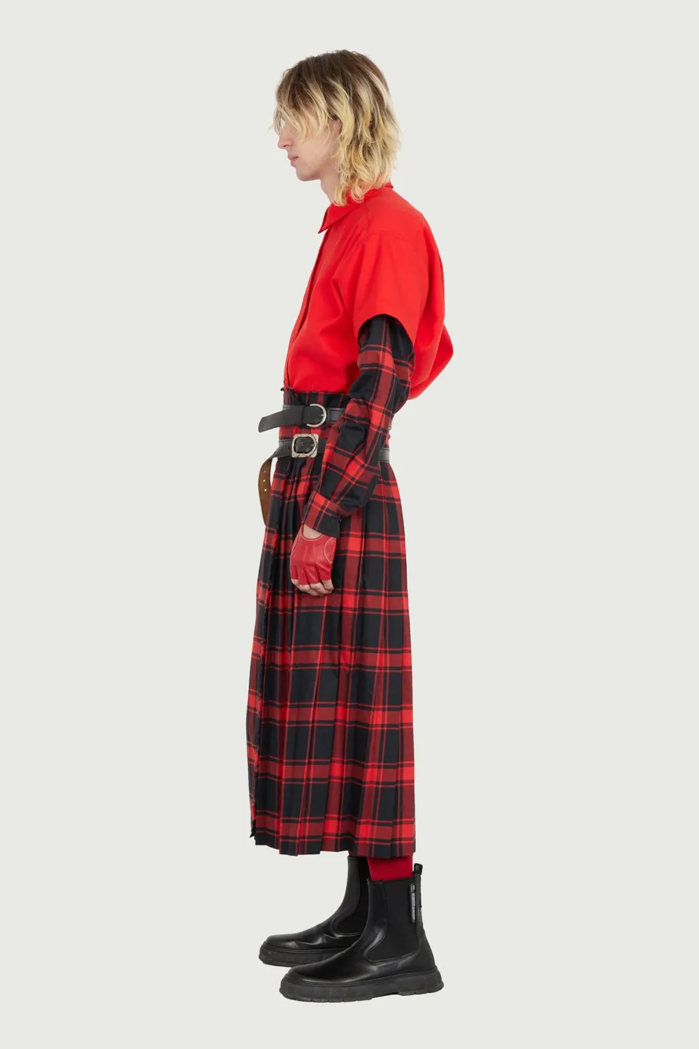 JEANNE FRIOT Long Kilt jupe plissée tartan noir rouge ceintures