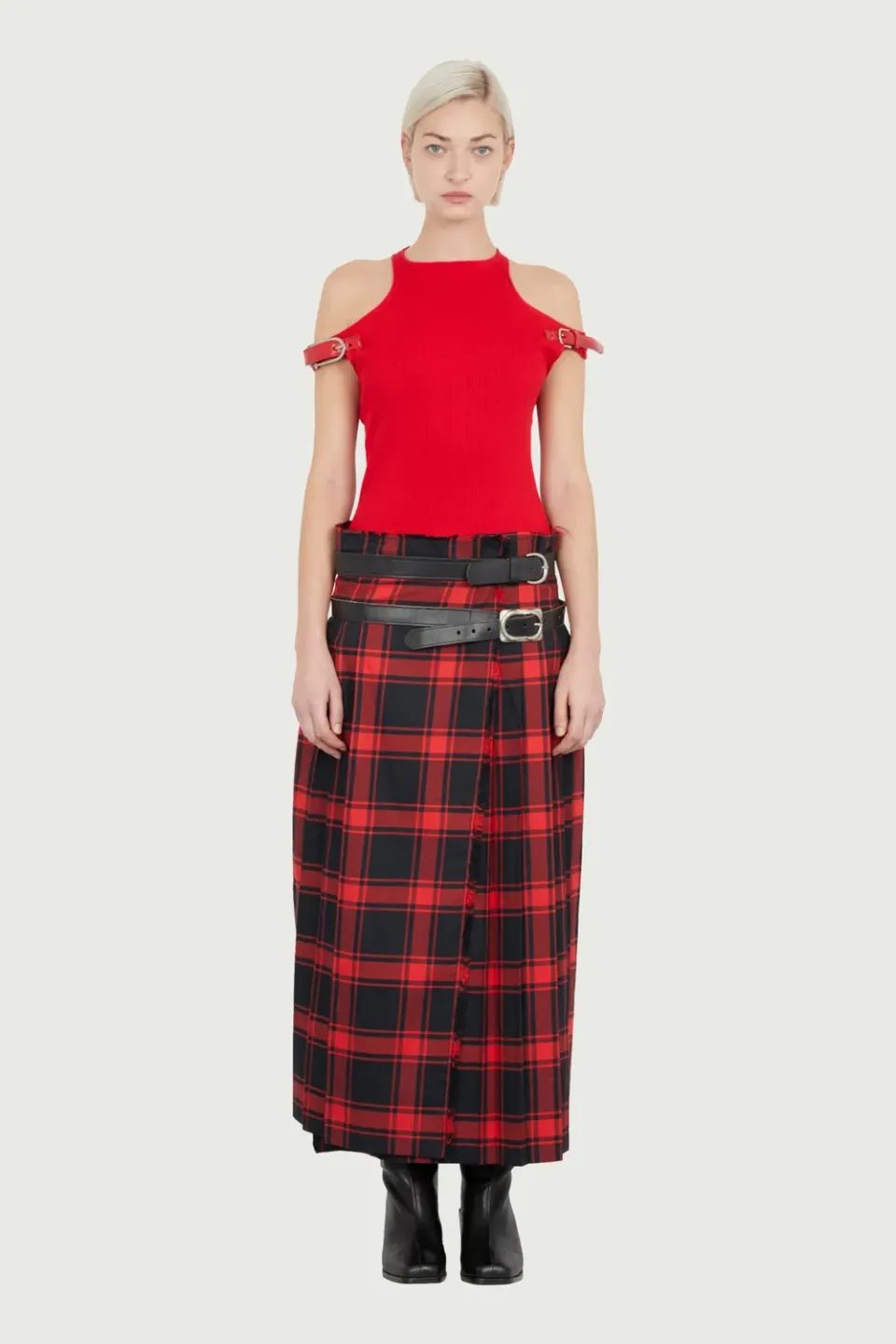 JEANNE FRIOT Long Kilt jupe plissée tartan noir rouge ceintures