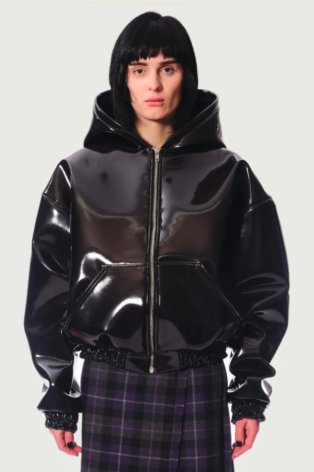 JEANNE FRIOT Glossy hoodie vinyle noir oversize