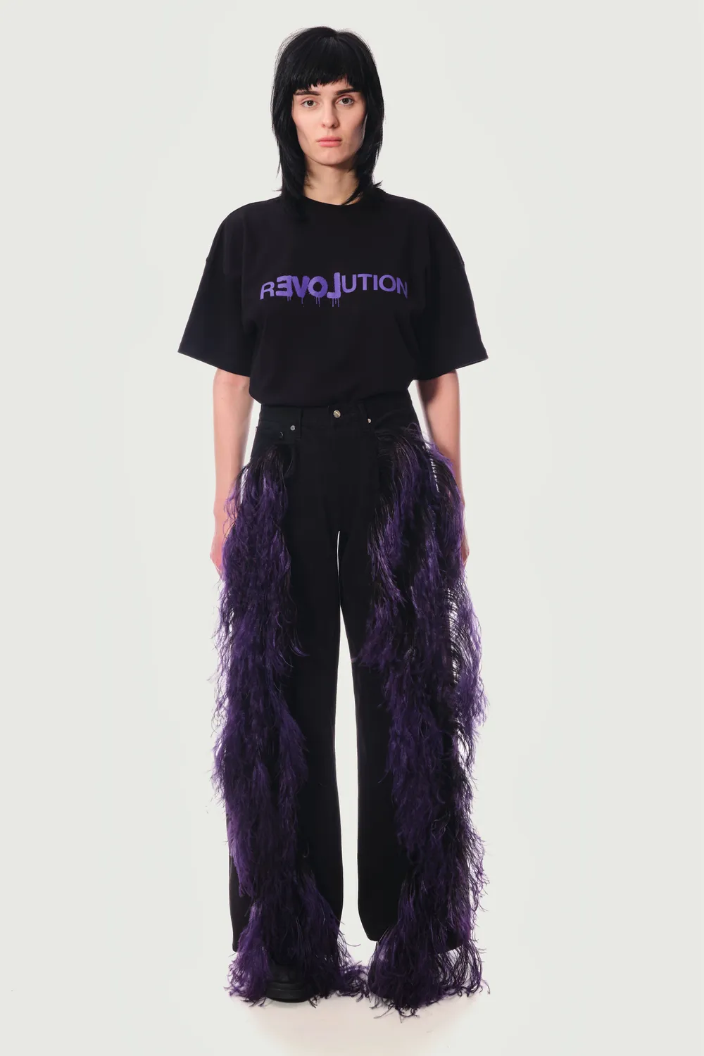 JEANNE FRIOT Awake Peacock Pants jean large noir plumes violet