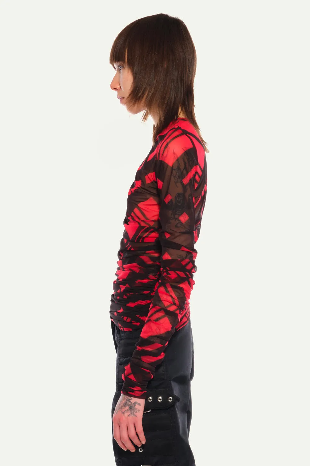 Jeanne Friot Tartan haut mesh transparent rouge noir